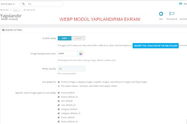Prestashop WebP  Modül Yapılandırması ve Ayarları